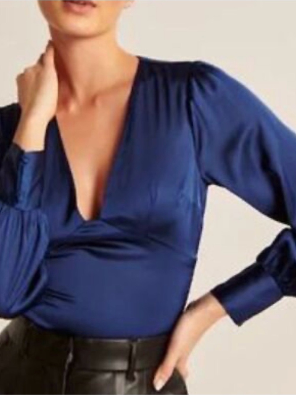 Abercrombie & Fitch Deep V Satin Blouse in Navy